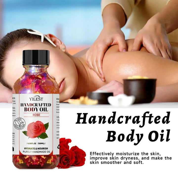 Handcrafted Rose Body Oil - 120ml Natural Blend for Dry Skin, with Jojoba & Sweet Almond Oil for Deep Hydration & Glowing Skin