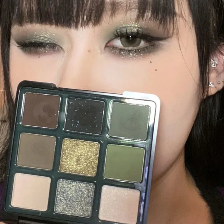 9 Color Eyeshadow Palette Olive Green Eye Look Pearlscent Shimmer Matte Eyeshadow Pink Palette Flash Cosmetics