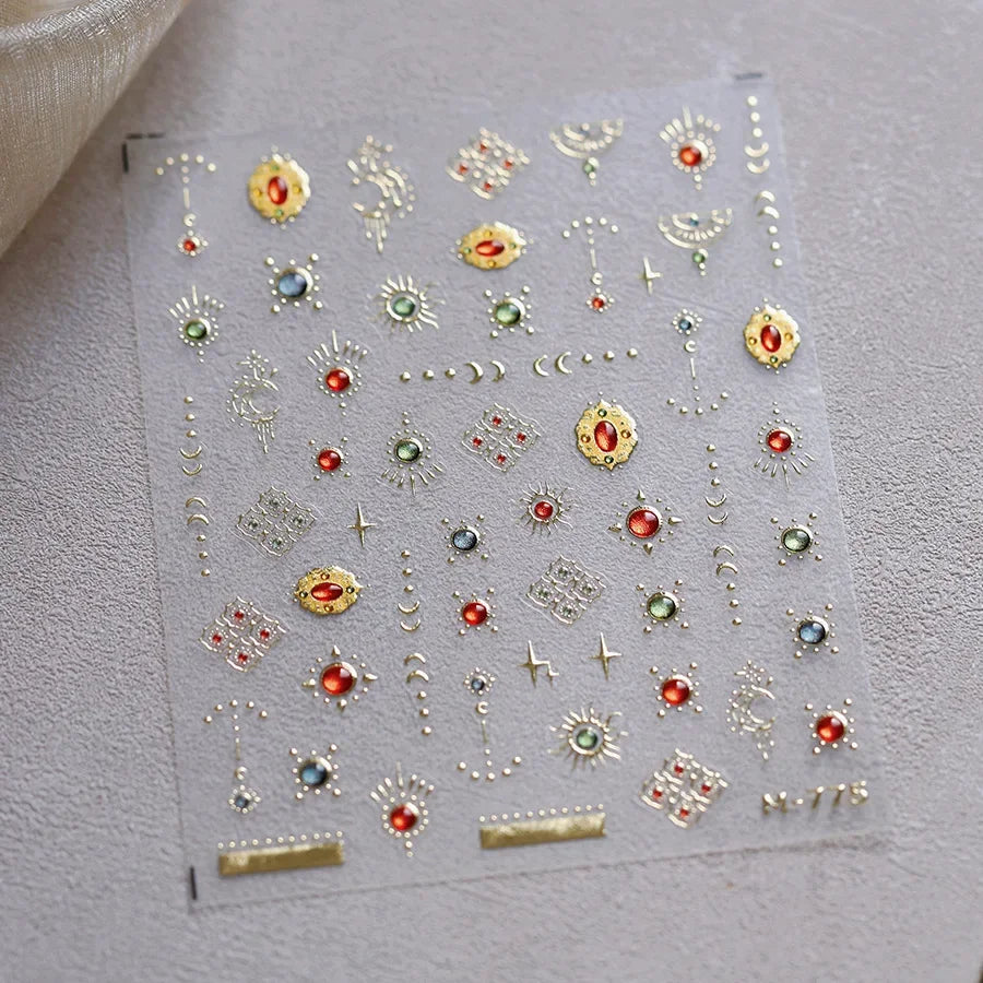 Gold Scepter Frames Nail Art Stickers Lavish Jewel Crown Patterns 5D Metal Nail Sticker Self Adhesive Manicure Decorat Decal DIY