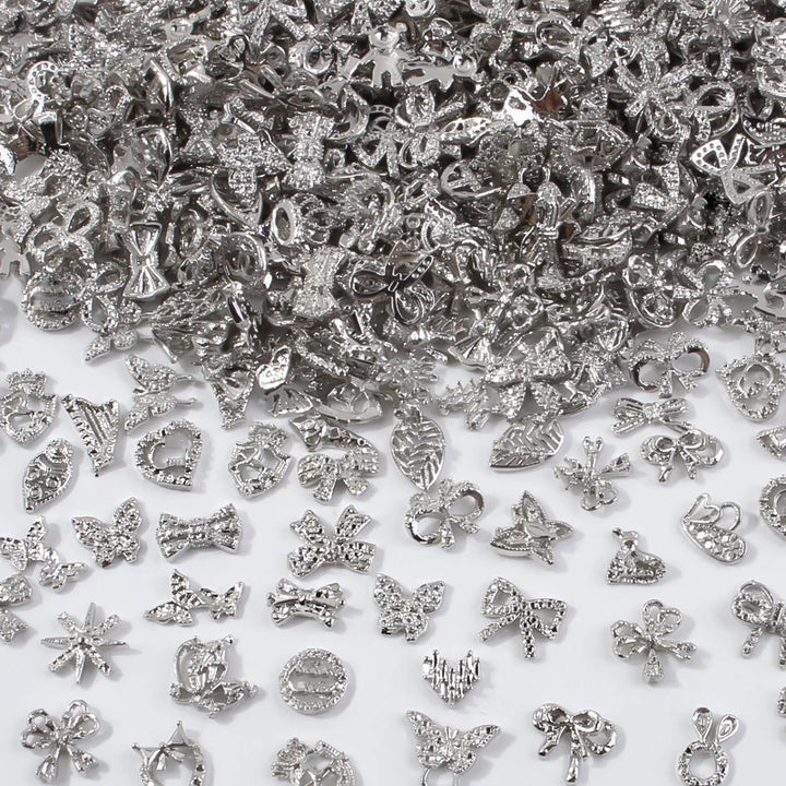 50Pcs 3D Mixed Random Luxury Nail Charms Metal Gold/Silver Butterfly/Bowknot Nail Art Decoration With Crystal Manicure Jewelry