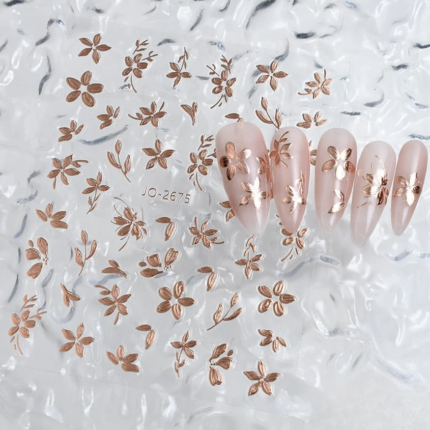 Vintage Golden Foil Nail Art Stickers - Embossed Peony Flower & Jade Leaf Design, Self-Adhesive, Single Use