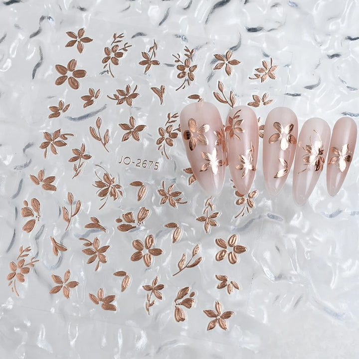 Vintage Golden Foil Nail Art Stickers - Embossed Peony Flower & Jade Leaf Design, Self-Adhesive, Single Use