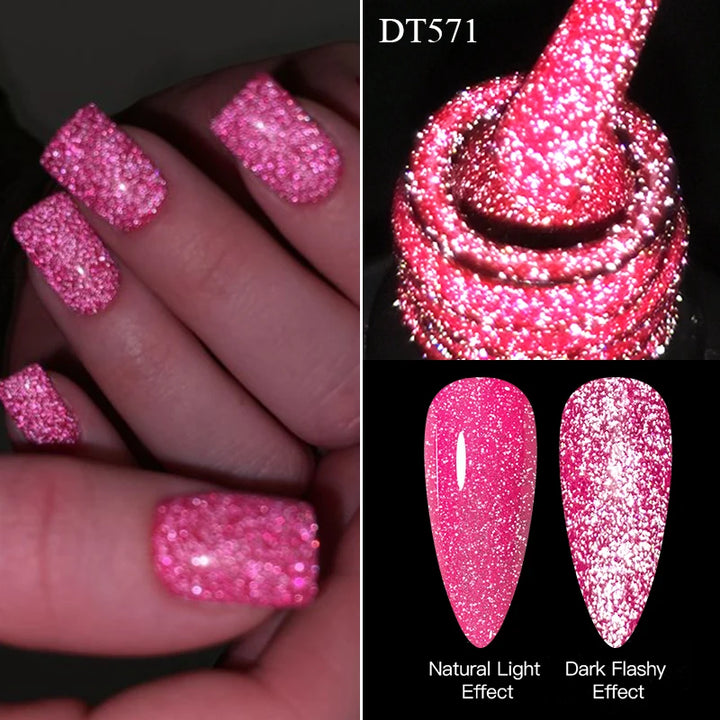 MEET ACROSS 7ml Pink Fluorescent Reflective Gel Nail Polish Glitter Neon Semi Permanent UV LED Gel Nail Art Varnish Manicure