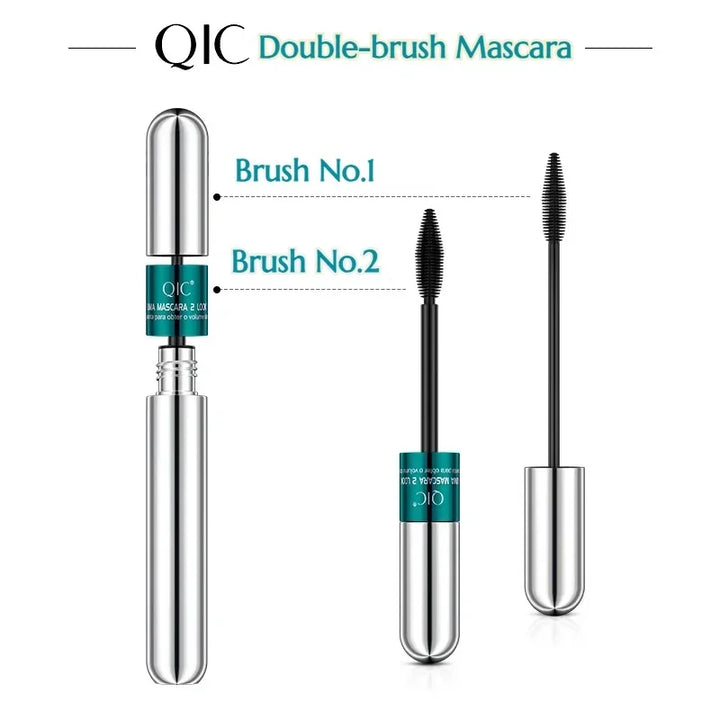 QIC Double Effect 4D Mascara Waterproof Long Curl Natural Thick Eyelash 2-in-1 Black Mascara with 2 Brush Heads