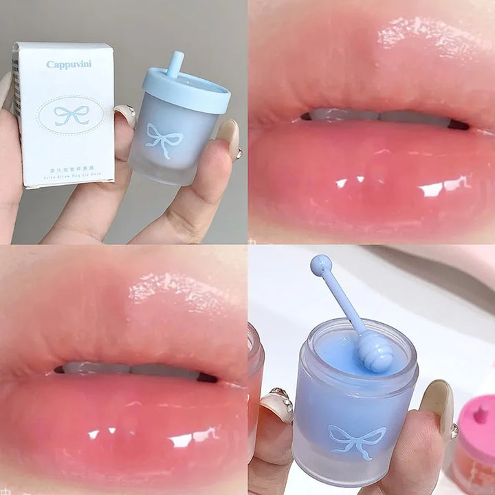 Cappuvini Juice Straw Cup Lip Mask Fruit-Flavored Lip Care Moisturizing for Day and Night in Autumn and Winter Prevents Chapped Lips Long-Lasting Moisturizing Improves Lip Lines Deeply Moisturizing Care High-Quality Lip Balm