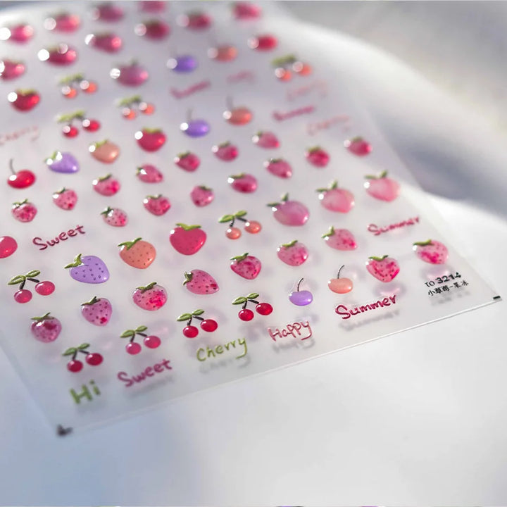 Kawaii Cherry Bow Nail Stickers 5D French Cute Red Bow Fruit Design Self Adhesive Decoration Nails Stickers DIY Nail Accessories