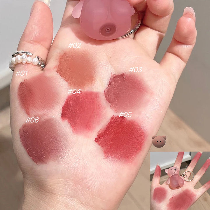 Cute Bear Keychain Velvet Mist Lip Glaze Waterproof Lasting Matte Lipstick Orange Lips Tint Women Dupes Korean Makeup Cosmetic