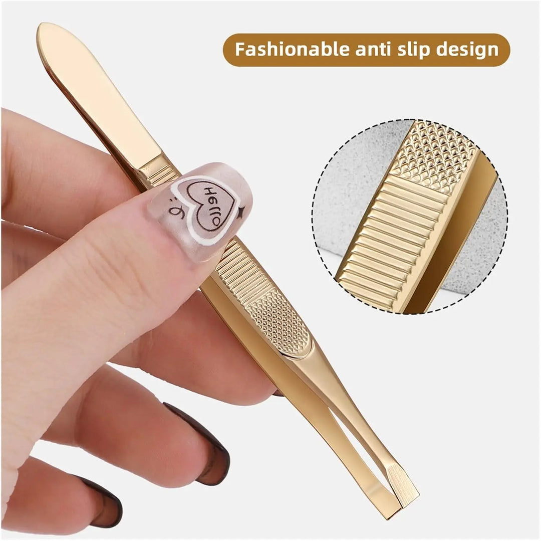 A Gold Stainless Steel Eyebrow Tweezers, With Flat And Oblique Styles, Plucking Eyebrows And Beard Pliers Tweezers Tools