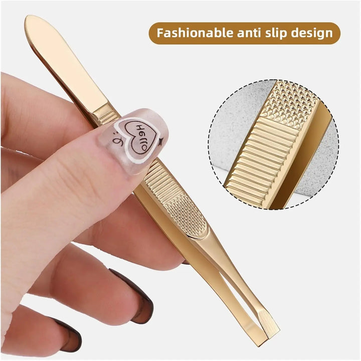 A Gold Stainless Steel Eyebrow Tweezers, With Flat And Oblique Styles, Plucking Eyebrows And Beard Pliers Tweezers Tools