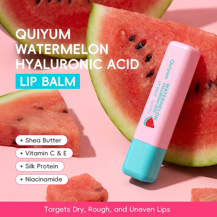 QUIYUM 2Pcs Watermelon Skin Care Set, Hyaluronic Acid Lip Balm 3g + Niacinamide Hand Cream 30g Moisturizing Hand Lip Repair Kit