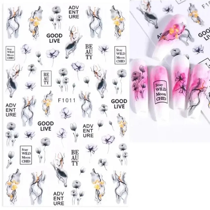 1PCS Black White Butterfly Laser Nail Stickers Y2K Nail Art Decoration Abstract Lines Bronzing Flowers Stickers For Nails