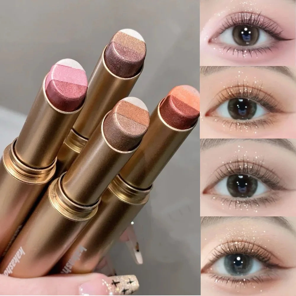 3 Colors Gradient Eyeshadow Stick Sparkling Pearl Cream Stick Long Lasting Eye Makeup Lazy Easy Blend for Daily Eye Shadow