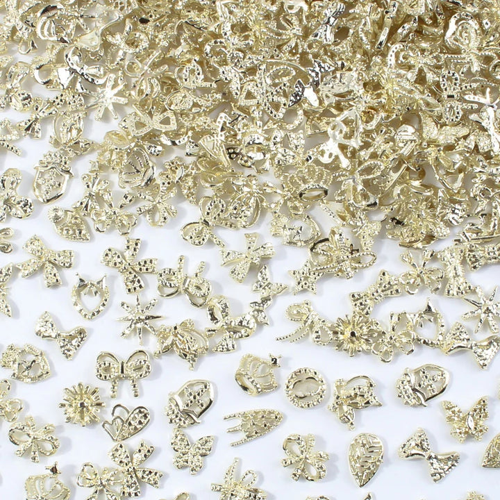 50Pcs 3D Mixed Random Luxury Nail Charms Metal Gold/Silver Butterfly/Bowknot Nail Art Decoration With Crystal Manicure Jewelry