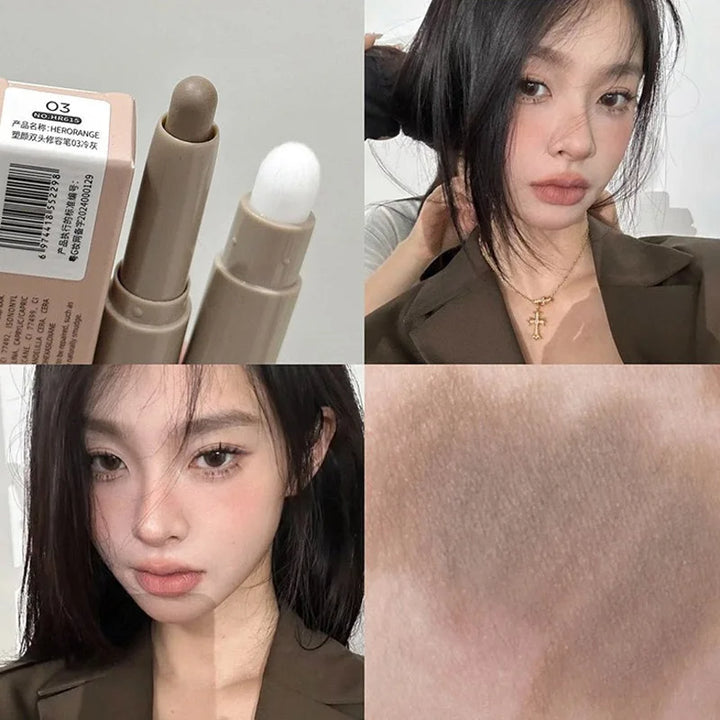Double Head Contour Stick Bronzer with Brush Face Nose Shadow Cream Contour Pen Waterproof Lasting Contouring Makeup Cosmetics