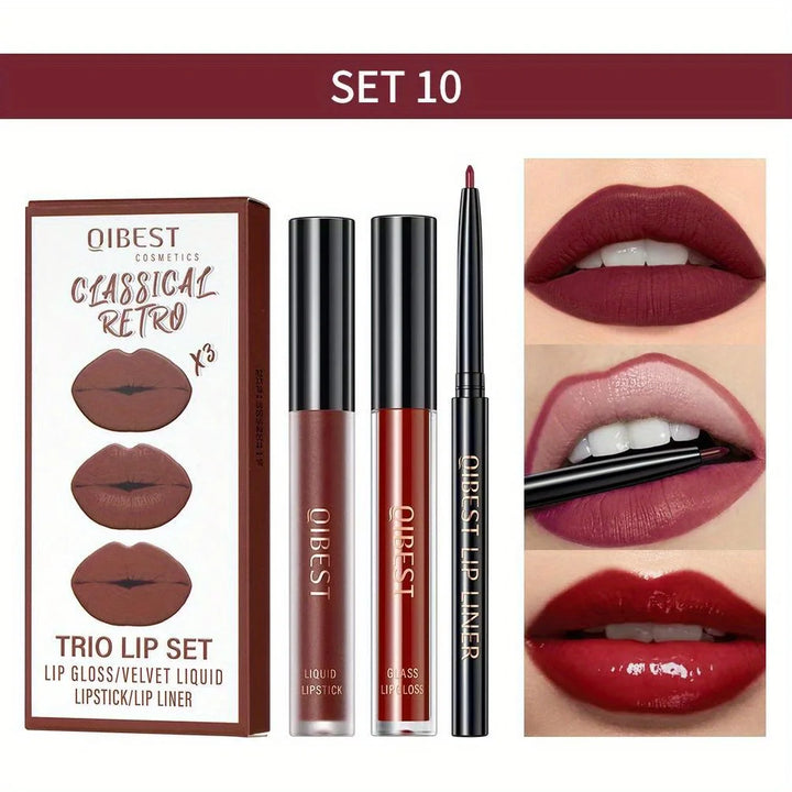 3 in 1 Lipstick and Lipliner Set, Long Lasting Waterproof Lip Stain Liquid Lipgloss Set for Women Halloween Gothic Makeup