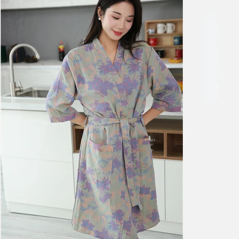 Cotton Bathrobe for Couples Spring and Summer Thin Style Short Sleeve Pajamas Clothes Women Absorbing and Quick Drying Bathrobes