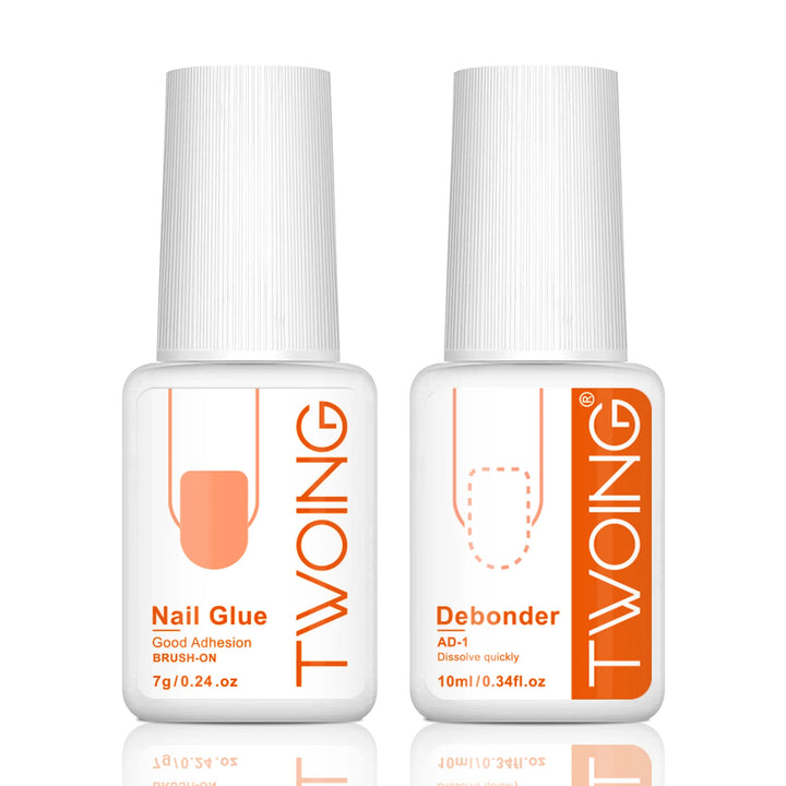 TWOING Nail Tips Gel and Glue Remover Kit, No UV Light Needed,Fake nails plate adhesive，Quickly Removes Glue Off Fake Nail