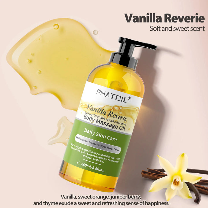 PHATOIL 260ml Vanilla Body Oil-Deeply Moisturizing & Soothing Massage Body Oil with Long-Lasting Fragrance
