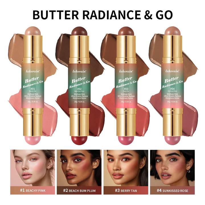 Double-Headed Bronzer Blush Stick Butter Glow & Go Multiuse Stick for Cheeks Contours Eyes Lips Blush Matte Light Glossy Bronze