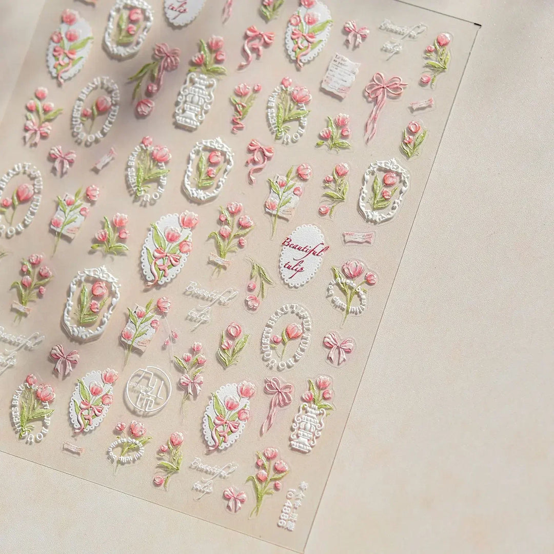 Lace Garden Bowknot Bow Tie Rose Flower Petal Pearl Irregular Border Self Adhesive 5D Nail Art Decoration Sticker Manicure Decal