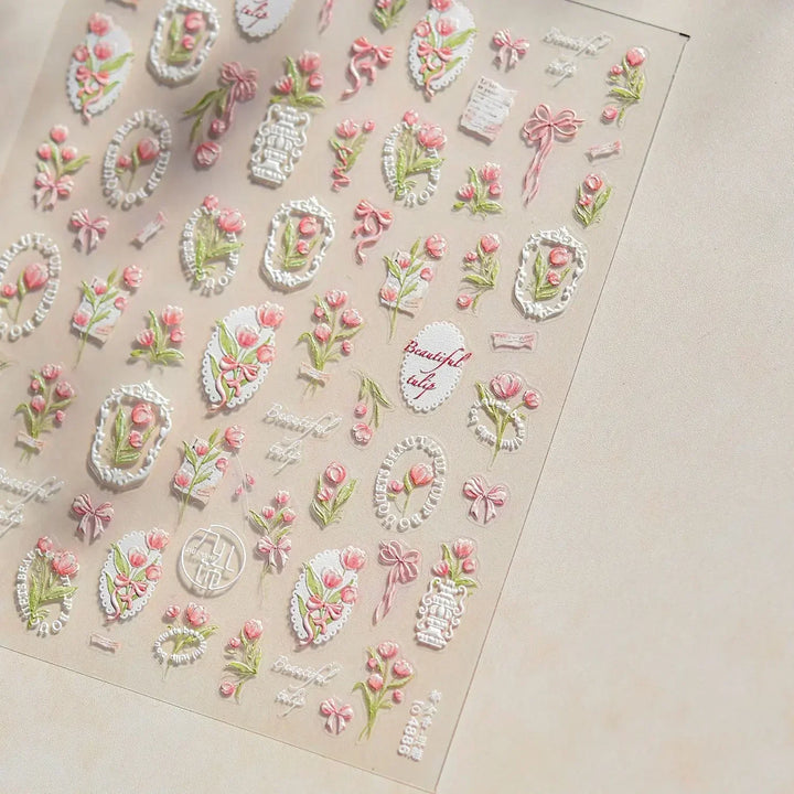 Lace Garden Bowknot Bow Tie Rose Flower Petal Pearl Irregular Border Self Adhesive 5D Nail Art Decoration Sticker Manicure Decal