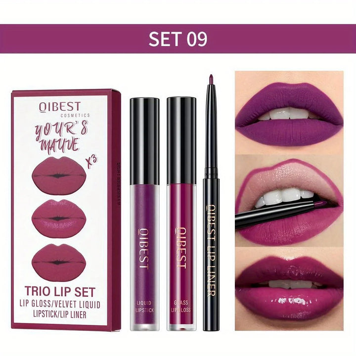 3 in 1 Lipstick and Lipliner Set, Long Lasting Waterproof Lip Stain Liquid Lipgloss Set for Women Halloween Gothic Makeup