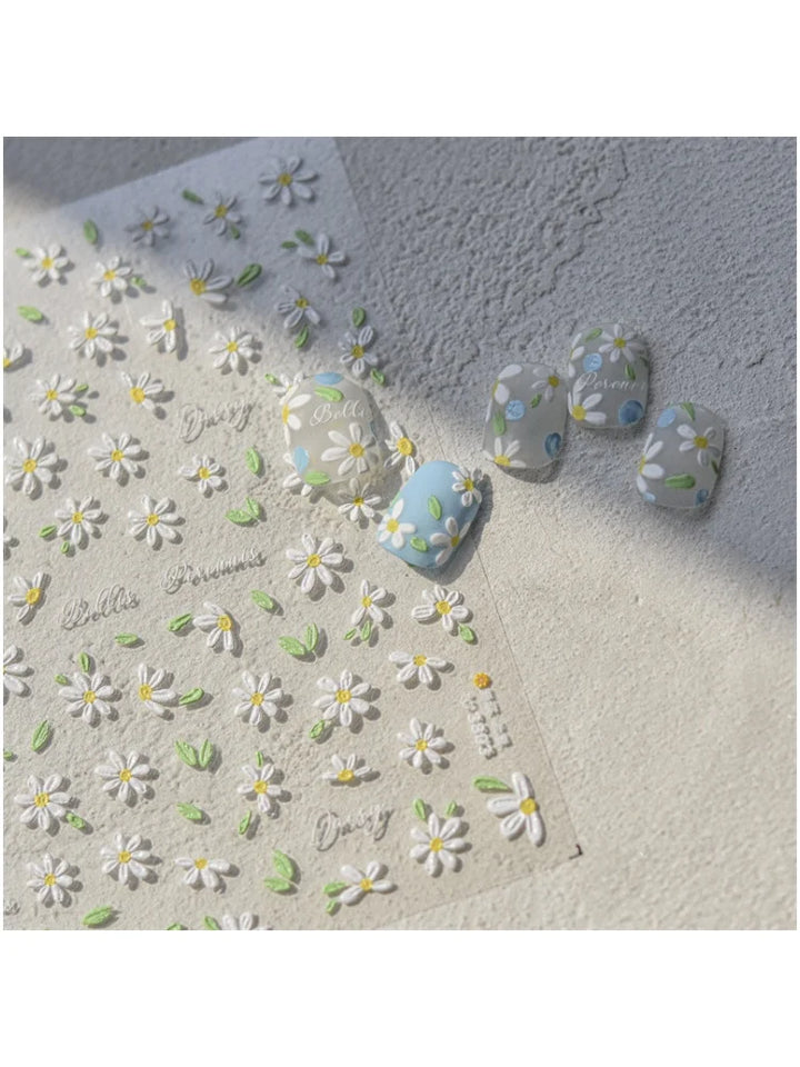 1Sheet 5D Soft Embossed Relief Nail Stickers Cute Daisies Self Adhesive Slider Stickers Press On Nails DIY Japanese Nail Art Dec