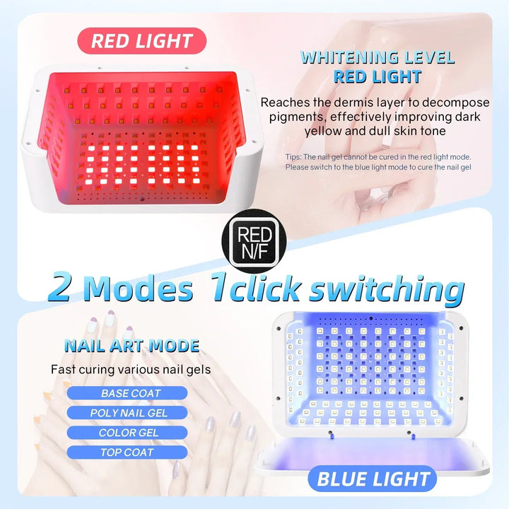 480W UV LED Lamp for Nails 108 LEDs Nail Dryer with Red Light Whitening Mode Large Space Manicure Lamp 4 Timer Settings