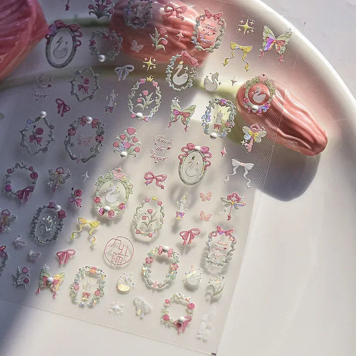 Lace Garden Bowknot Bow Tie Rose Flower Petal Pearl Irregular Border Self Adhesive 5D Nail Art Decoration Sticker Manicure Decal