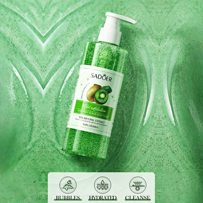 Kiwi Scrub Shower Gel 300ml, Contains Natural Fruit Extract, Hypoallergenic Alcohol-Free Formula, and Delicate Scrub Particles Deeply Clean the Skin, Effectively Remove Dirt and Waste Cuticles, Rich Foam, Non-Slip Skin after