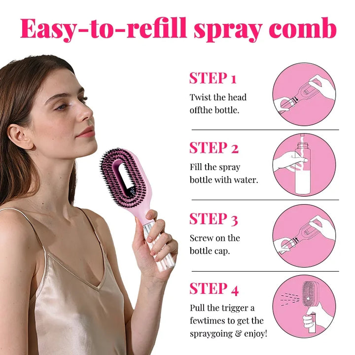 One-click Spray Detangling Comb, Fine Mist No Dripping Anti-flyaway Anti-frizz Spray Styling Brush For All Hair Types