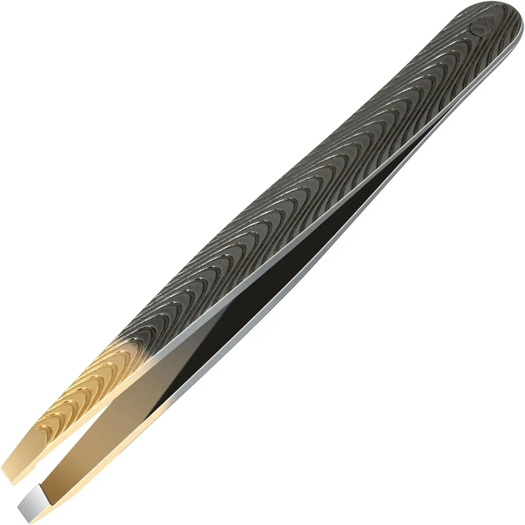 Precision Lash Tweezers - Tool for Plucking Ingrown Facial Hair, Lashes, Eyebrows - Slanted Stainless Steel Tips - Gray-Gold