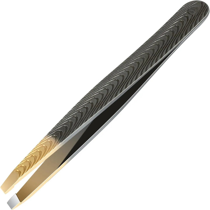 Precision Lash Tweezers - Tool for Plucking Ingrown Facial Hair, Lashes, Eyebrows - Slanted Stainless Steel Tips - Gray-Gold