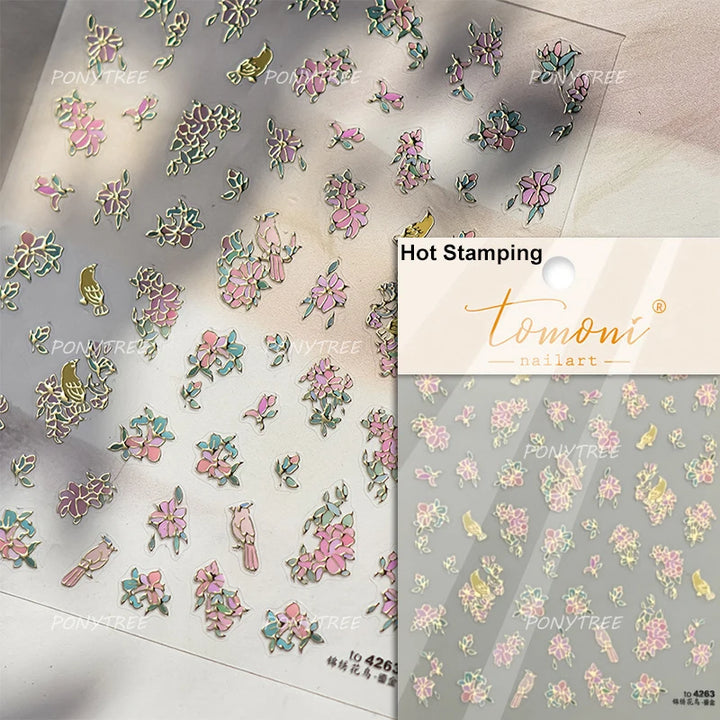 Flowers Blooming Cherry Blossom Sakura Living Peach Branch 5D Soft Relief Spring Adhesive Nail Art Sticker Chic Manicure Decals