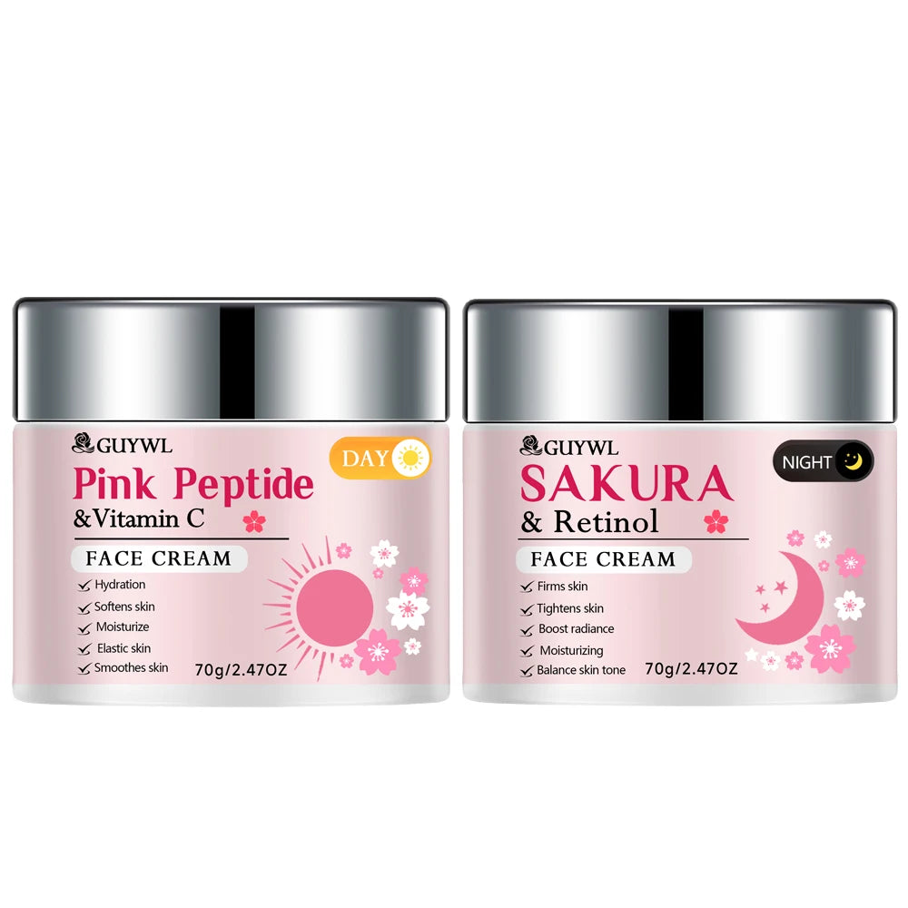 GUYWL Pink Peptide & Vitamin C Sakura & Retinol Facial Cream & Serum Set Day Night Care Combination with Niacinamide Hyaluronic