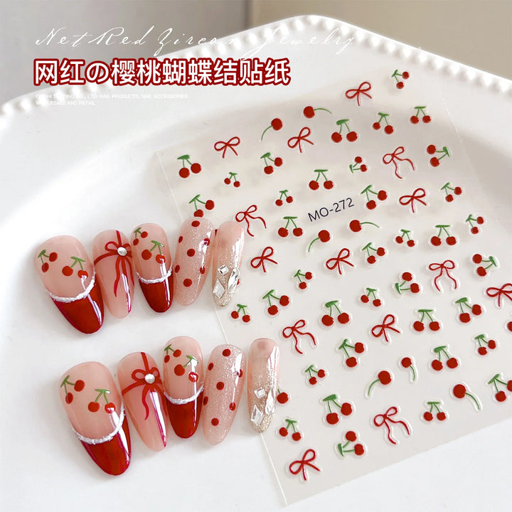 Kawaii Cherry Bow Nail Stickers 5D French Cute Red Bow Fruit Design Self Adhesive Decoration Nails Stickers DIY Nail Accessories