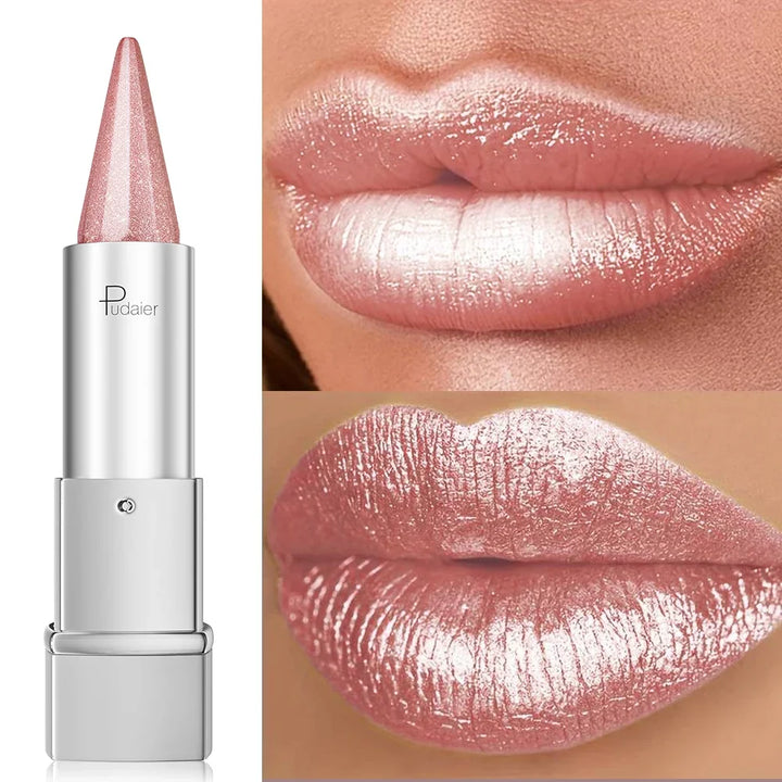 Waterproof Long Lasting Glitter Lipstick, Pearlescent Shiny Lip Color, Colorfast Non Fading Lip Makeup for Women