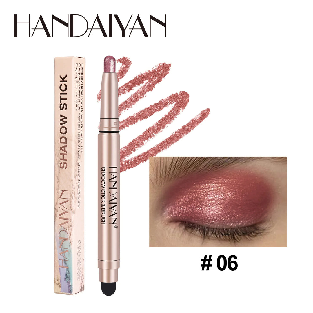 12 Colors Waterproof Eyeshadow Stick Long Lasting Metallic Shimmer Highlighter Cream Pen with Brush Double Head
