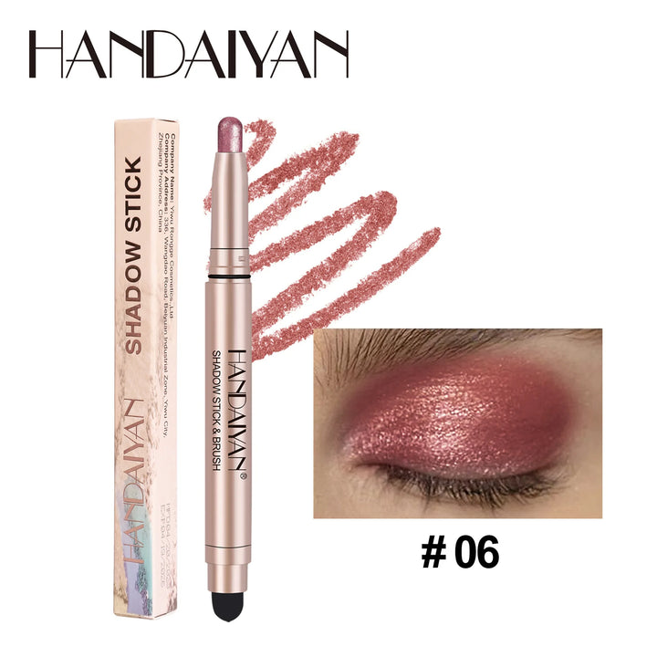 12 Colors Waterproof Eyeshadow Stick Long Lasting Metallic Shimmer Highlighter Cream Pen with Brush Double Head