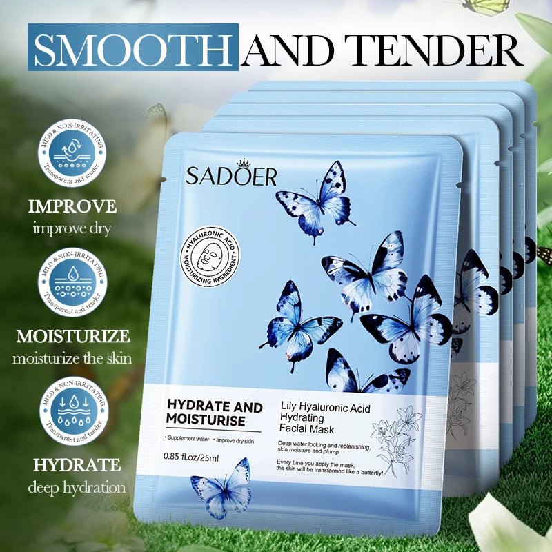 SADOER Lily Hyaluronic Acid Face Mask Moisturizing Sheet Masks Hydrating Anti-Aging Wrinkle Facial Masks Beauty Skin Care