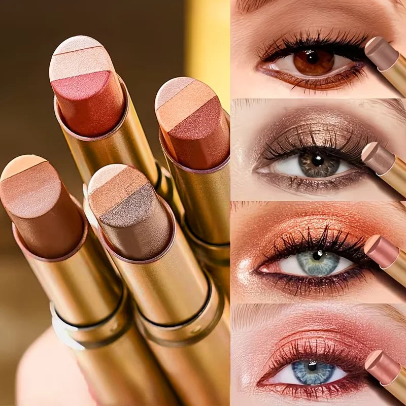 Three-Color Eyeshadow Stick, Shimmering Highlighter Eyeshadow Stick, Waterproof and Long-Lasting Pearlescent Metallic Eyeshadow