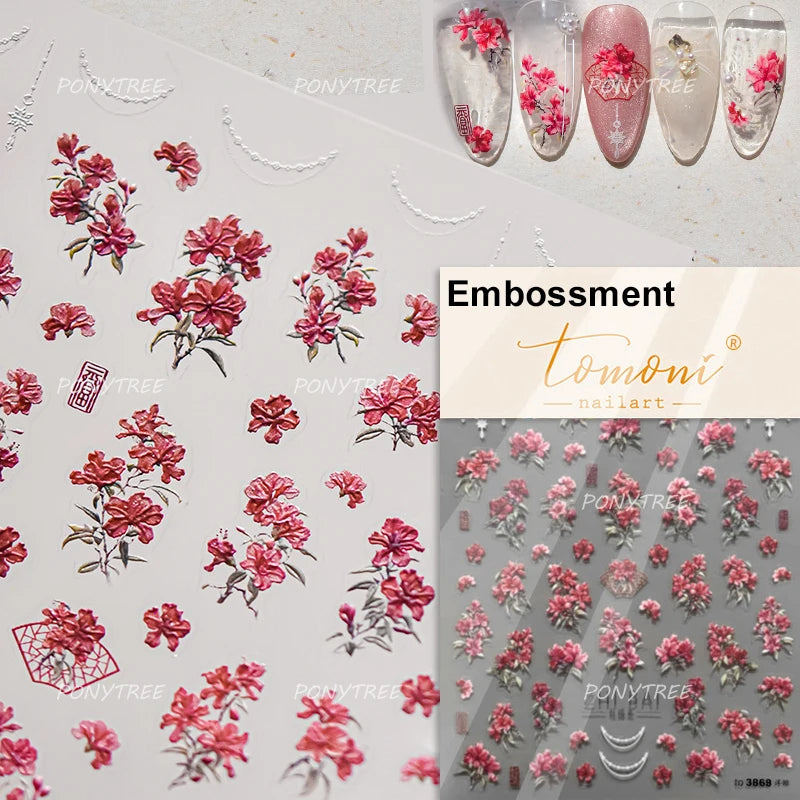 Flowers Blooming Cherry Blossom Sakura Living Peach Branch 5D Soft Relief Spring Adhesive Nail Art Sticker Chic Manicure Decals