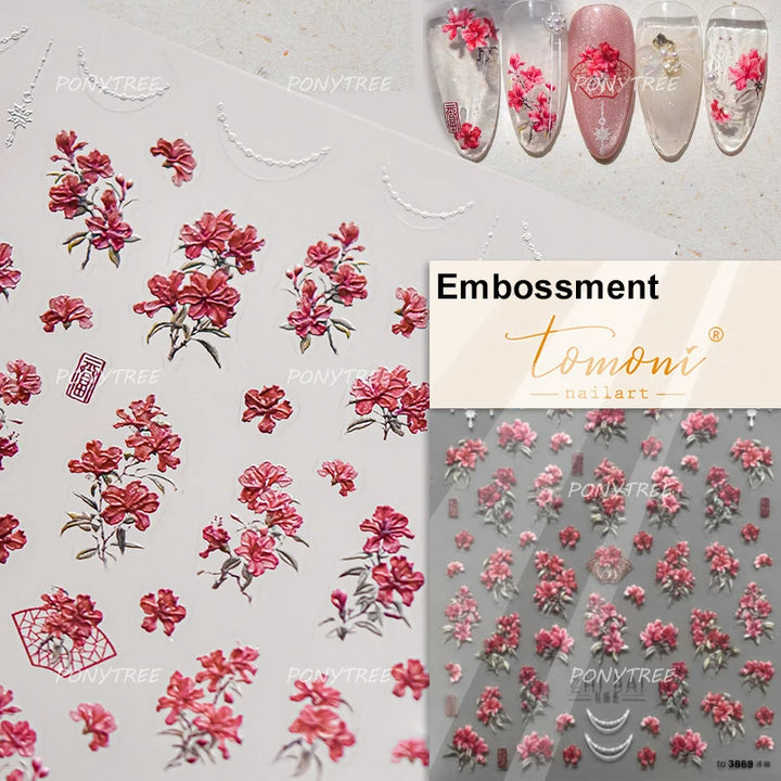 Flowers Blooming Cherry Blossom Sakura Living Peach Branch 5D Soft Relief Spring Adhesive Nail Art Sticker Chic Manicure Decals