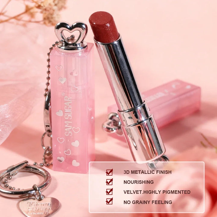 Velvet Lipstick Metallic Shine Long Lasting Moisturizing No Grainy Highly Pigmented 3D Diamond Glitter Heart Love Lipstick