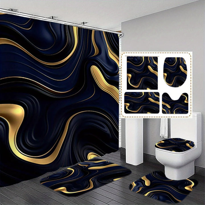 1/3 Piece Black Gold Bath Set - Ripple Shower Curtain with 12 Hooks, Non-Slip Mat and Toilet Seat, Modern Bathroom Decor