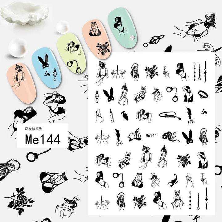 Nail Art Stickers Woman Girl Sexy Sticker Body Press on Nail Slider Black White Decal Decoration Nail Design Accessories Wraps