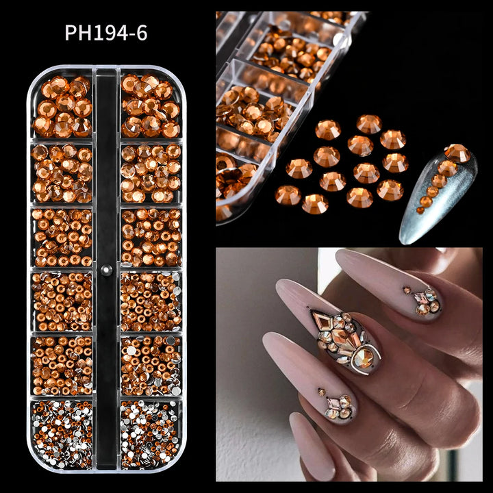12Grids Ocean Gold Nail Art Charms Shell/Seahorse/Starfish White Half Round Pearl Gems 3D Mixed Punk Manicure Metal Rivets Studs