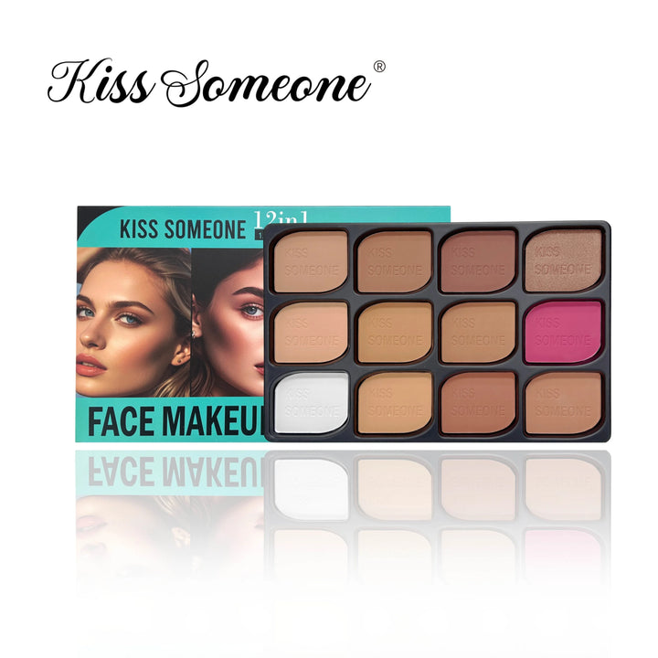 12 Colors Contour Palette，Blush Highlighter Bronzer Powder All in one Makeup Palettes，Blendable Matte Shimmer Illuminator Palett