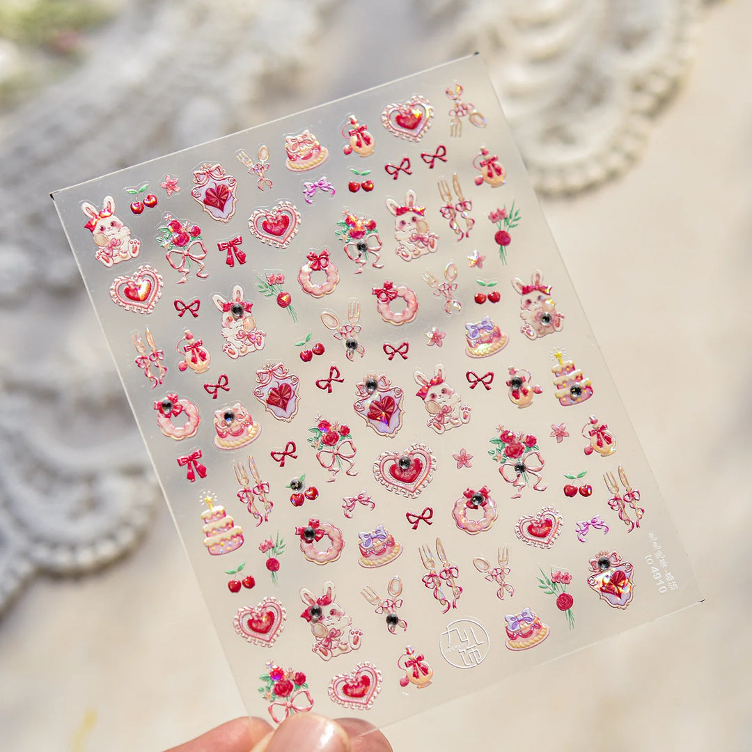 Nail Art Stickers Cute Manicure Decals Lovely Strawberry Muffin Cream Cake Ice Cream Bowknot 5D Embossed Reliefs Self Adhesive