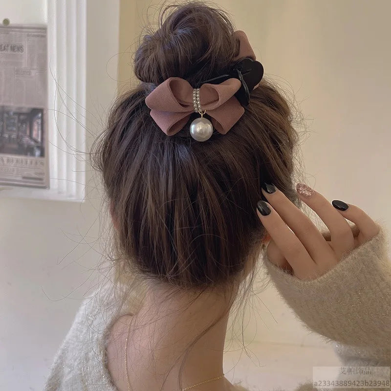 1 Piece of Bow, Pearl Clip, Temperament, Shark Clip, Korean Gentle Style Fabric Hair Accessory Girl Hair Accessoires